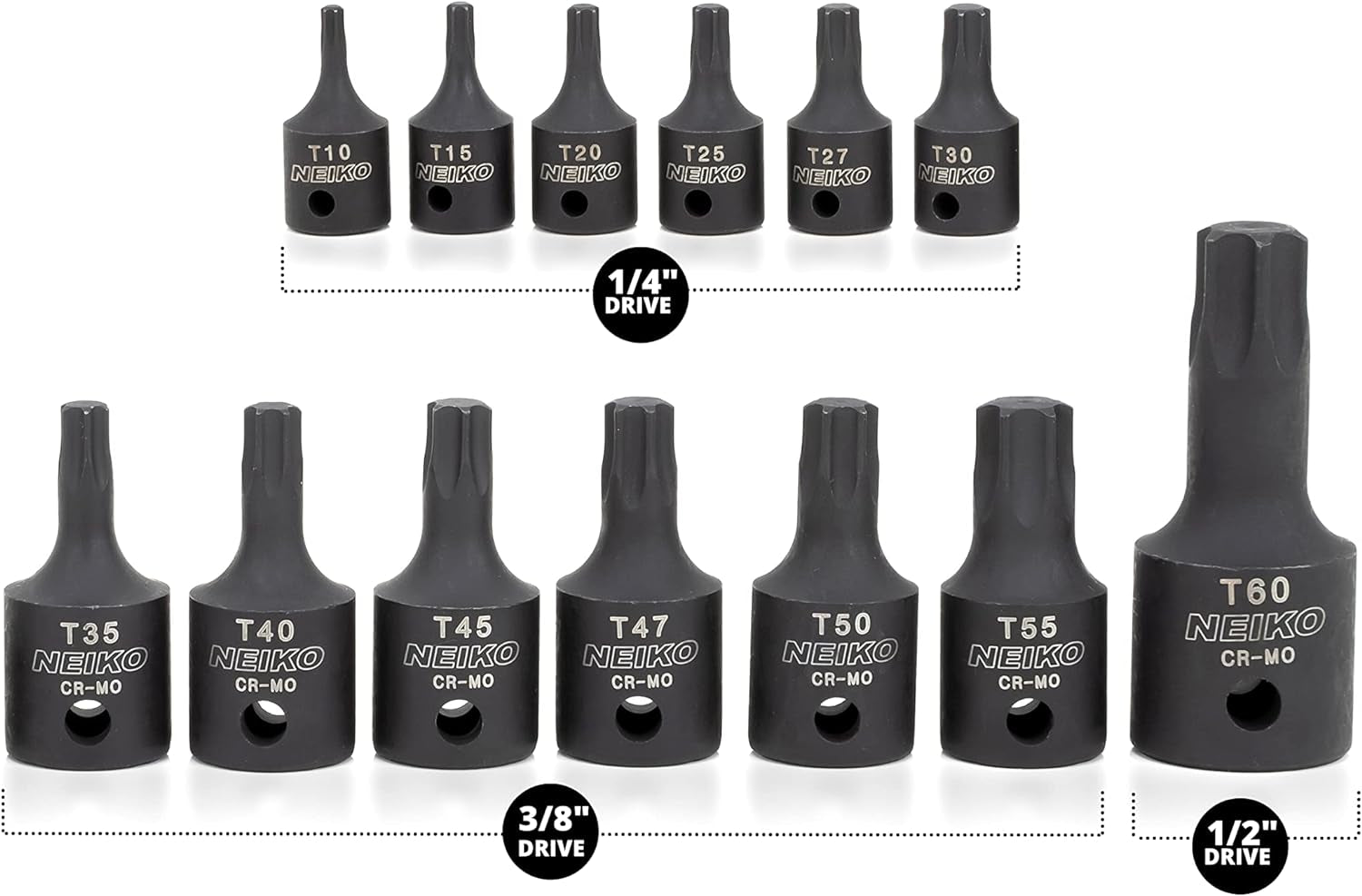 10281B Impact Torx Bit Socket Set, 1/4", 3/8", and 1/2" Drive, 6 Point Star Sockets, Heavy Duty Impact Grade Cr-Mo, T10 to T60 High Impact, Professional Grade Auto & Motorcycle Mechanic Socket
