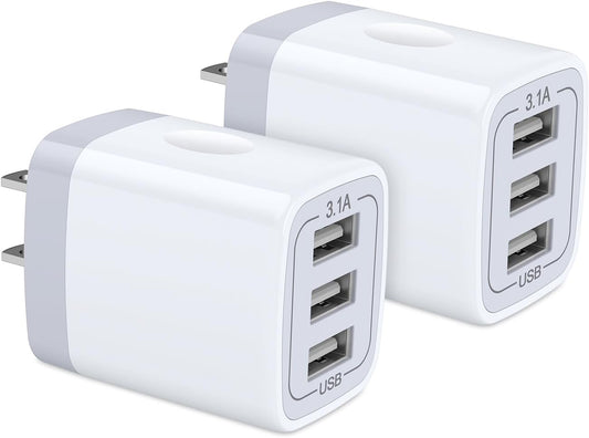 USB Wall Charger,  2Pack Wall Plug 3-Port USB Charging Station 3.1A Power Adapter Multi Port Quick Charger Block Cube for Iphone 16 15 14 13 12 11 Pro XS MAX 8 Plus, Ipad, Samsung Galaxy S24 S23